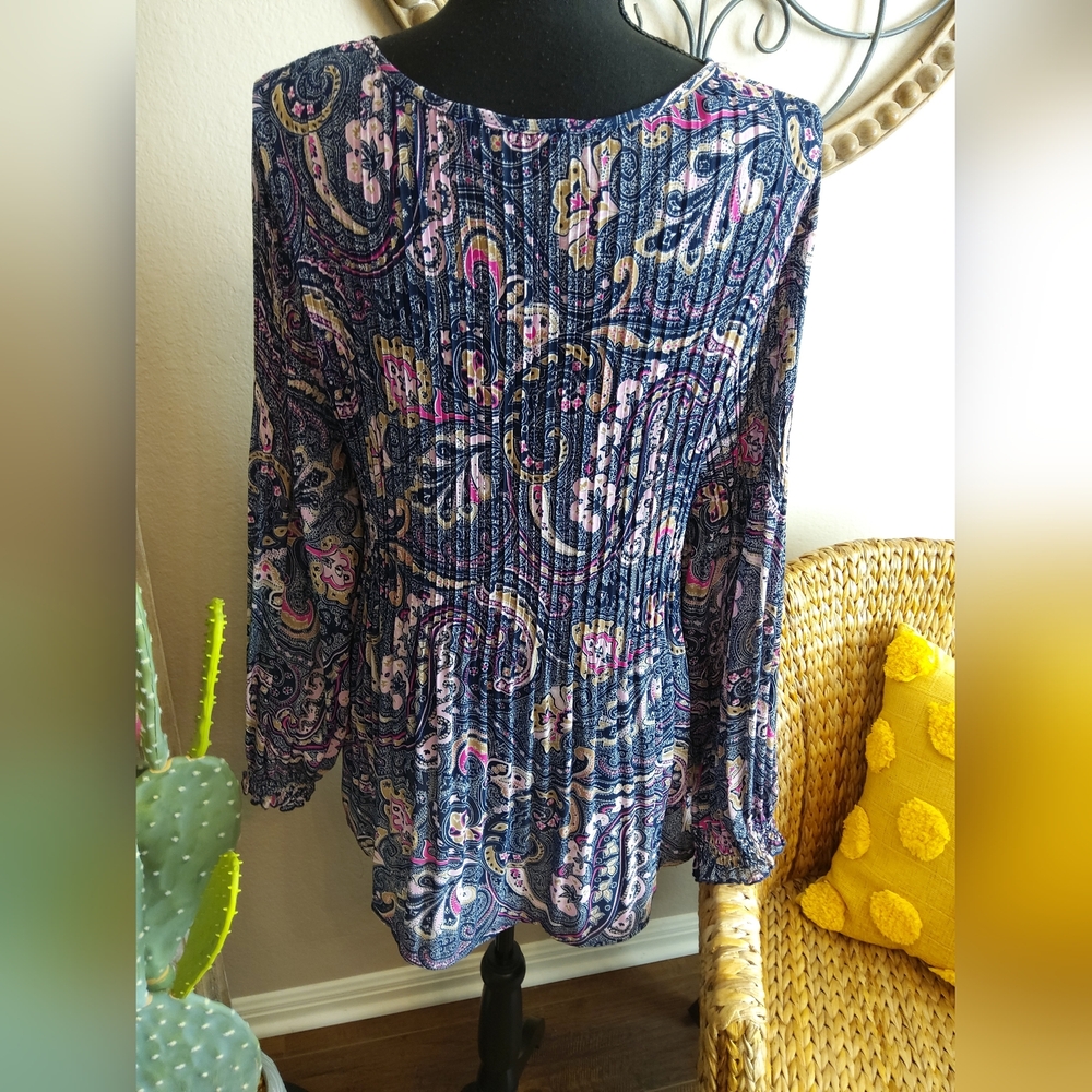 Melissa Paige Navy Paisley Long-Sleeve Peplum Tunic with Tassel Tie - Picture 6 of 10